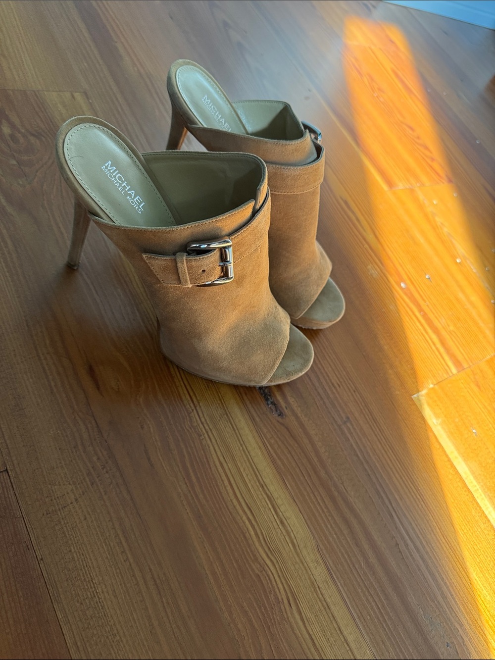 Michael Kors Camel Suede Peep-Toe Mule Heels with Buckle